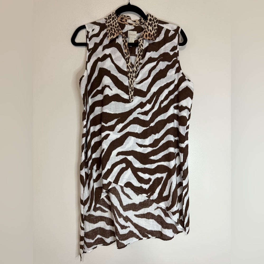 Chico’s Brown & White Zebra leopard Sleeveless linen Tunic size medium (1)